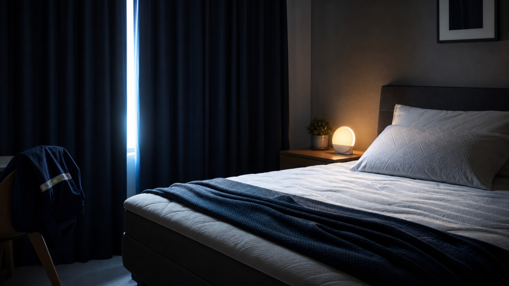 夜勤明けの睡眠環境を整える寝具と光目覚ましのイメージ