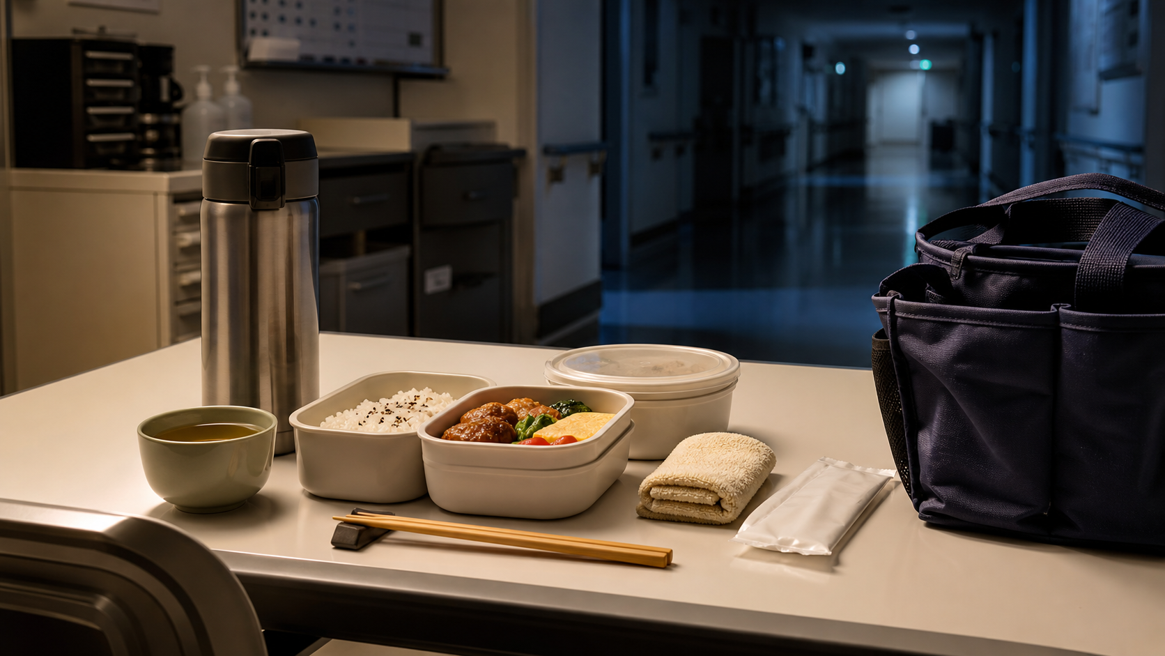 夜勤中の飲み物とお弁当まわりを整えるイメージ